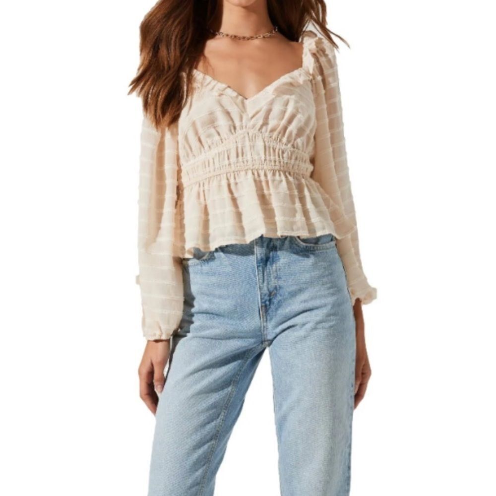 ASTR The Label Shimmer Ruffle Balloon Sleeve Peasant Blouse Size XL Cream